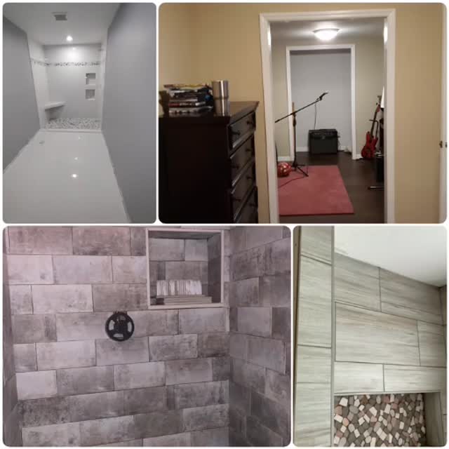 A collection of shower tile, a recessed niche and interior finish details